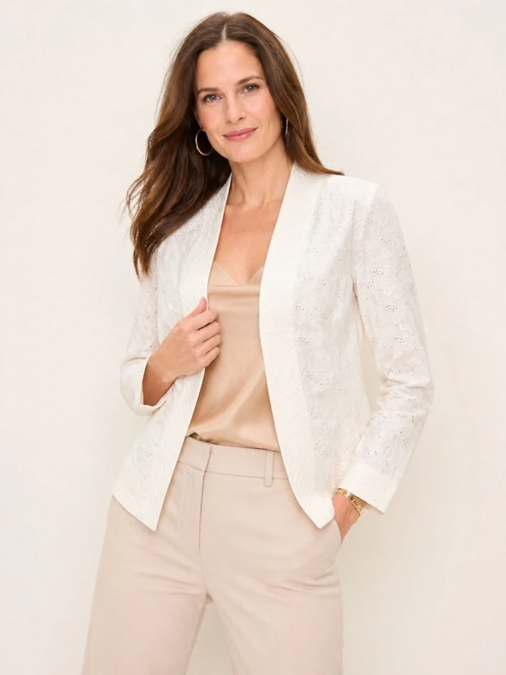 Carole Little Ivory Linen Embroidered Jacket S Open Front Floral Eyelet Blazer